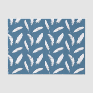 White feather print on denim blue tissue paper