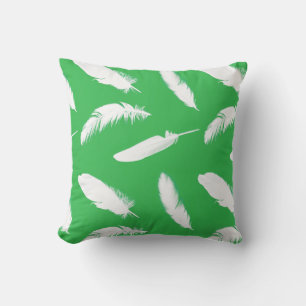 White feather print on jade green throw pillow