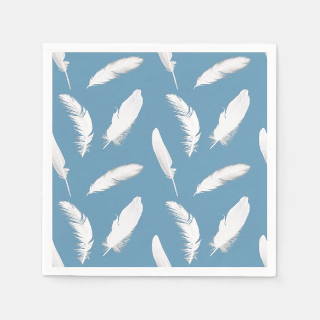White feather print on light denim blue napkin (Front)