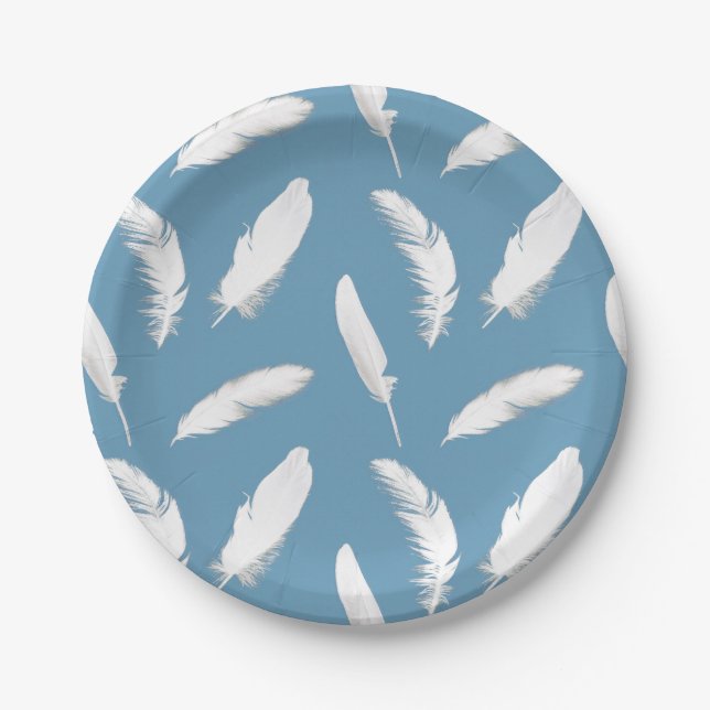 White feather print on light denim blue paper plate (Front)