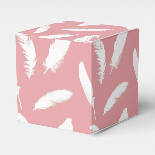 White feather print on shell pink favor box (Front Side)