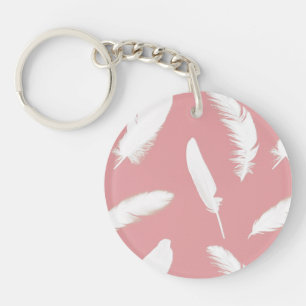 White feather print on shell pink keychain