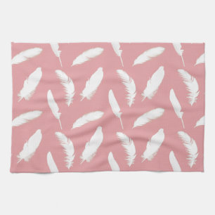 White feather print on shell pink kitchen towel