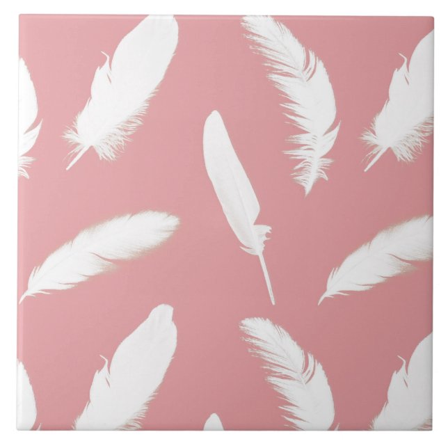 White feather print on shell pink tile (Front)