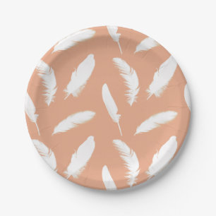 White feather print on soft peach paper plate
