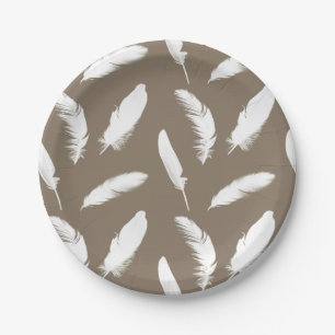 White feather print on taupe tan paper plate