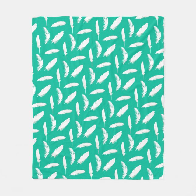 White Feather Print on Turquoise Fleece Blanket (Front)
