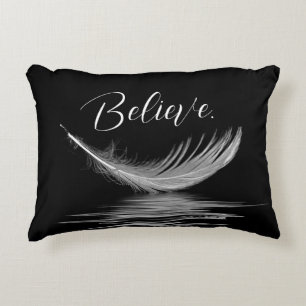 White Feather Reflection on Black Accent Pillow