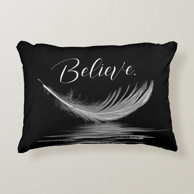 White Feather Reflection on Black  Accent Pillow (Front)
