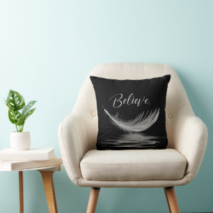 White Feather Reflection on Black Throw Pillow