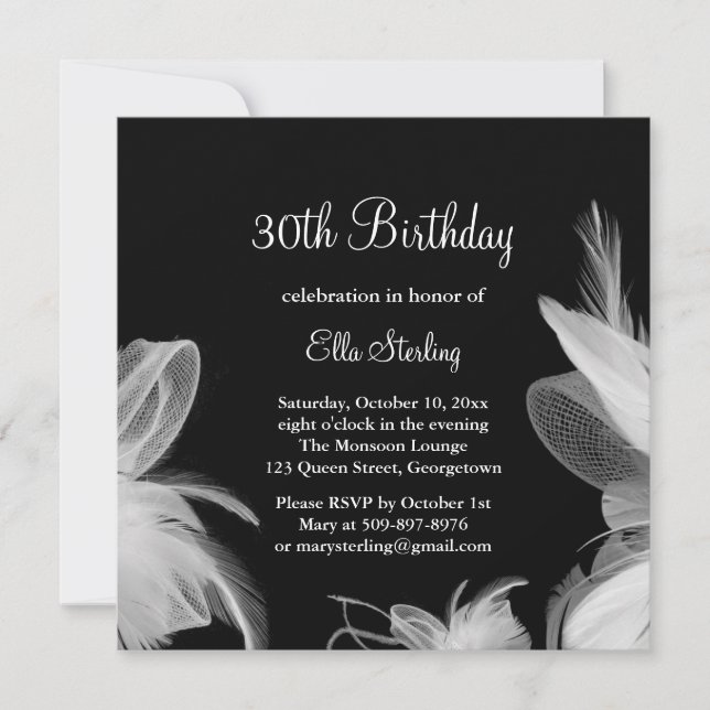 White Feathers Birthday Invitation (Front)