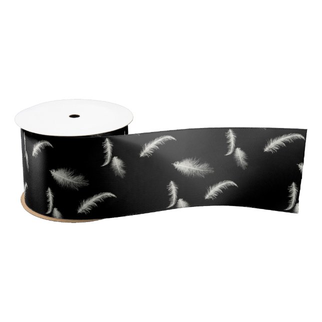 White Feathers On Black Satin Ribbon (Spool)