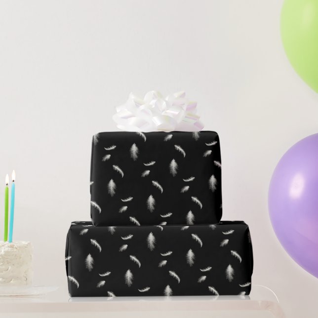 White Feathers On Black Wrapping Paper (Party Gifts)