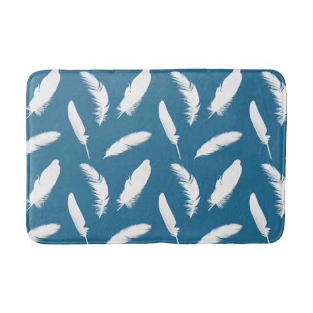 White Feathers on Denim Blue Bath Mat (Front)