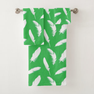 White Feathers on Jade Green Bath Towel Set