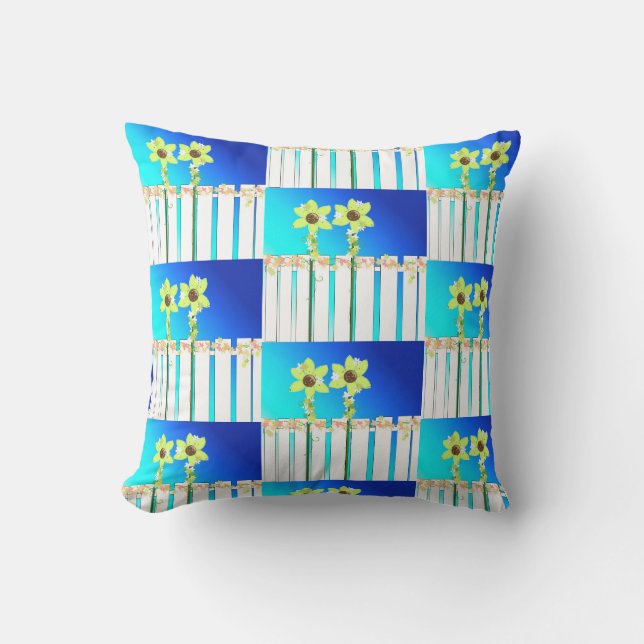 White Fence and Sunflowers Throw Pillow (Front)
