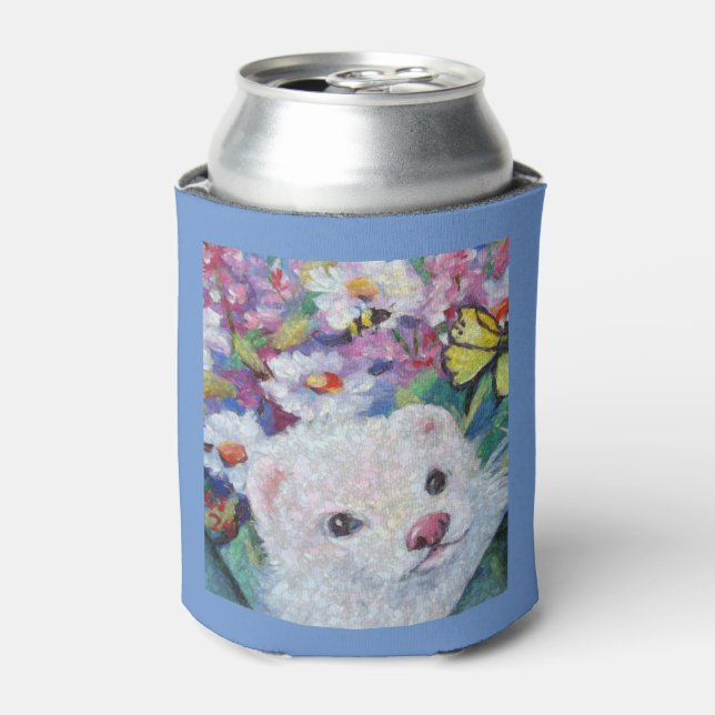 White ferret & flowers Can Cooler (Can Front)