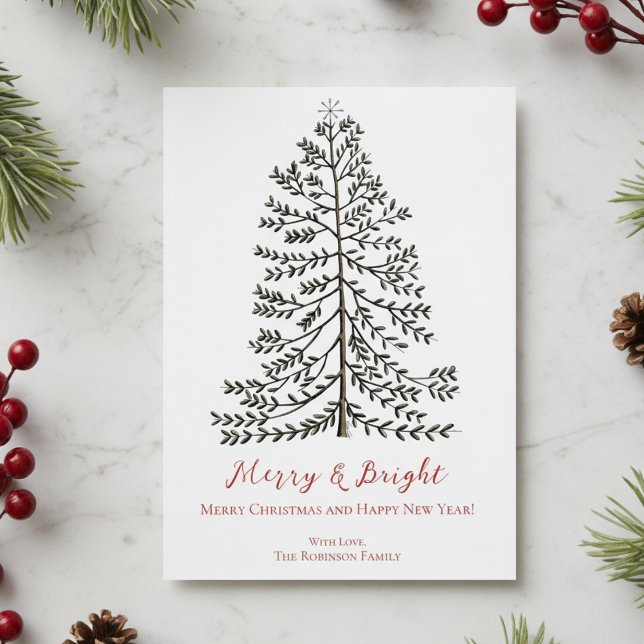 White Festive Merry Christmas Winter Tree Holiday Card (Simple Modern Merry & Bright Christmas Card. Hand Drawn Tree with Star, Red Merry and Bright Script)