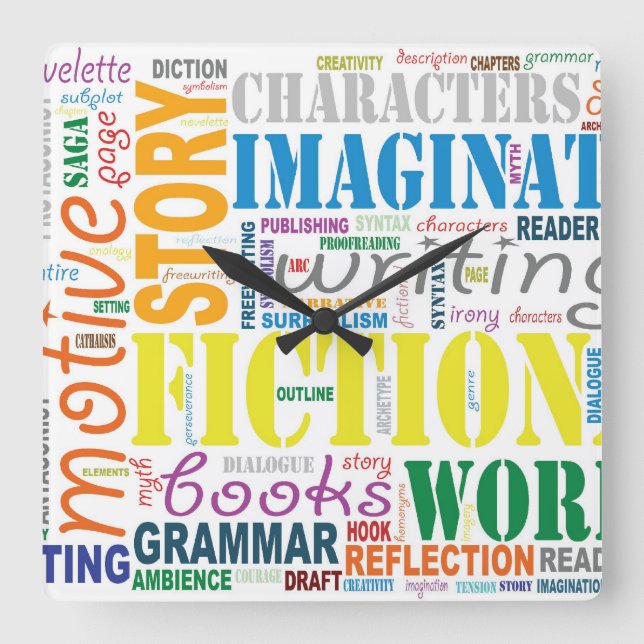 White Fiction Writer's Word Art Clock (Front)
