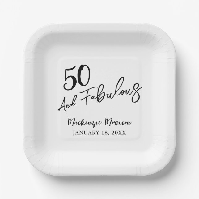 White Fifty and Fabulous Script Birthday Party Paper Plate (Front)