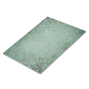 White Filigree on Moss Sage Green Lined Stationery Notepad
