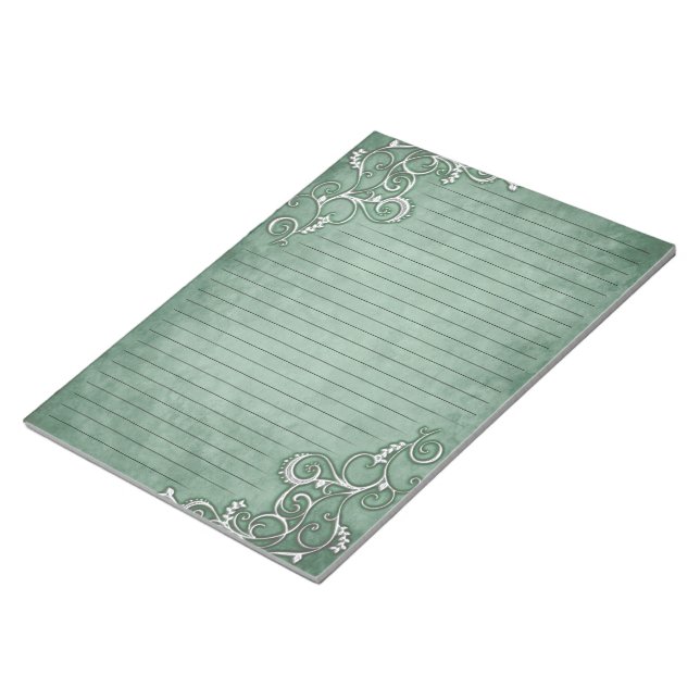 White Filigree on Moss Sage Green Lined Stationery Notepad (Angled)
