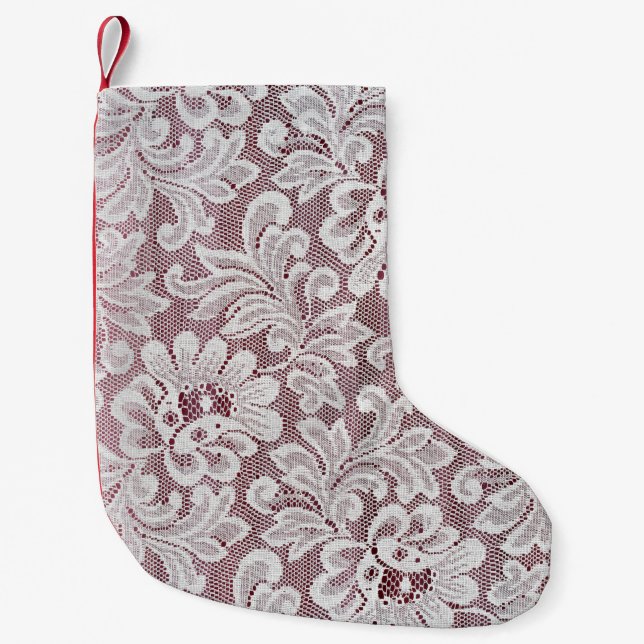 White fine elegance lace texture with seamless bea small christmas stocking (Front)