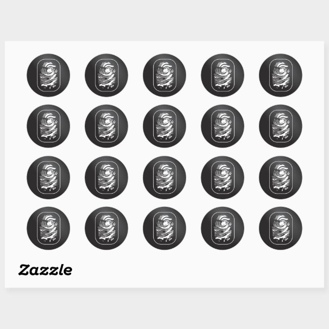 White Fingerprint on Black Classic Round Sticker (Sheet)