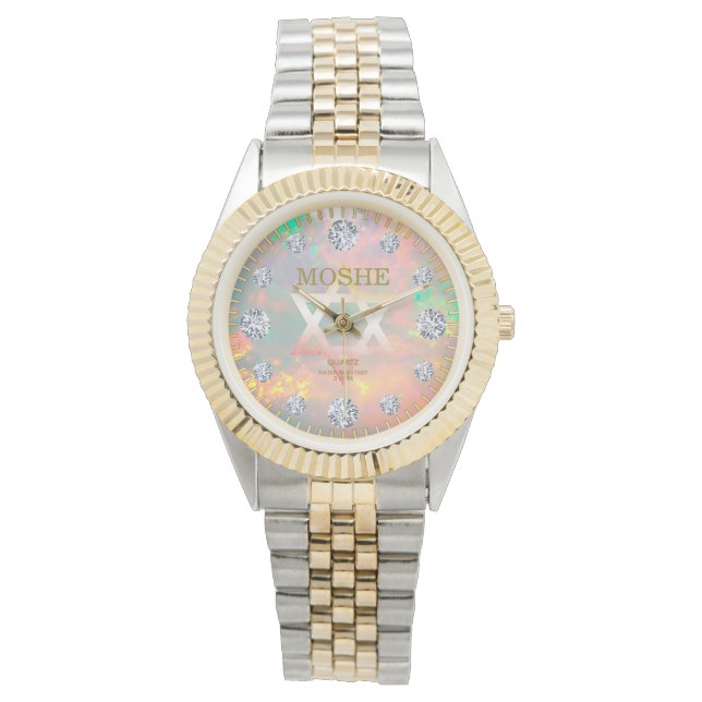 White Fire Opal Diamond Dial Star of David Watch (Front)
