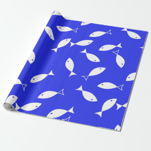 White Fish Blue Background Captain Sea Theme Wrapping Paper