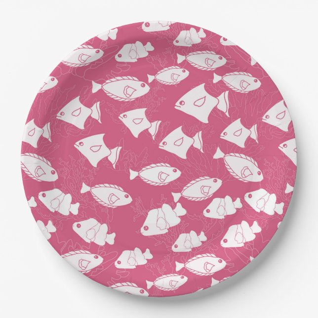 White Fish Swimming on Pink Sea  Paper Plate (Front)