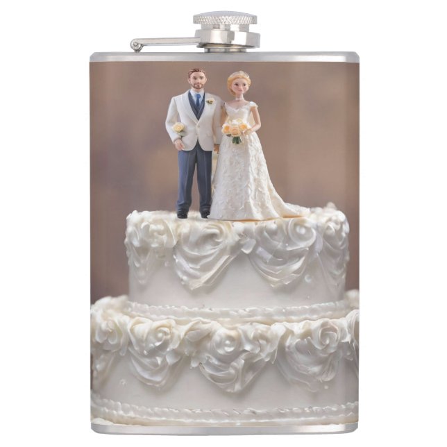White Five Tier Wedding Cake With Bridal Couple, Hip Flask (Front)