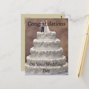 White Five Tier Wedding Cake With Bridal Couple, Postcard