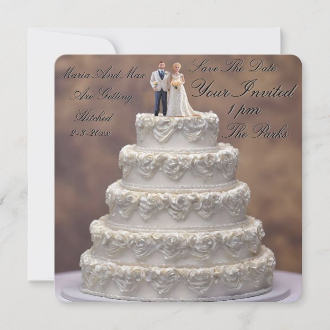 White Five Tier Wedding Cake With Bridal Couple, Save The Date (Front)