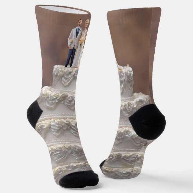 White Five Tier Wedding Cake With Bridal Couple, Socks (Angled)