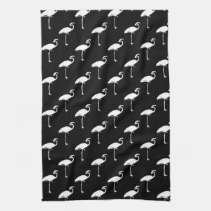 White Flamingo Tropical Flamingos Black Background Kitchen Towel