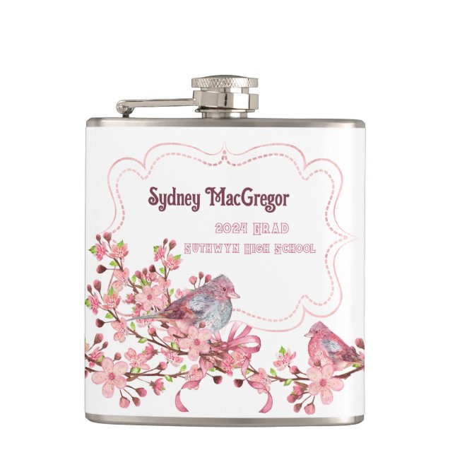 White Flask with Wrap Around Birds Apple Blossoms (Front)
