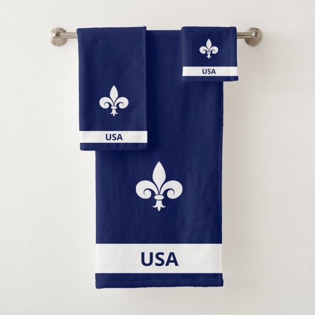 White Fleur de Lis on Navy Blue Bath Towel Set (Insitu)