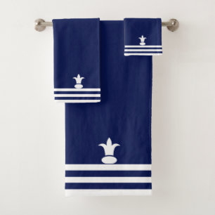 White Fleur-de-Lis & Stripes on Navy Blue Bath Tow Towel Set