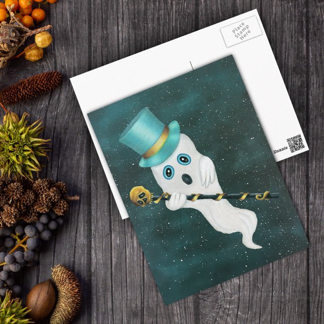 White Floating Ghost in Sky Top Hat Skull Cane Postcard (Silly ghost wearing blue top hat with gold skull cane on misty blue night sky with stars postcard.)