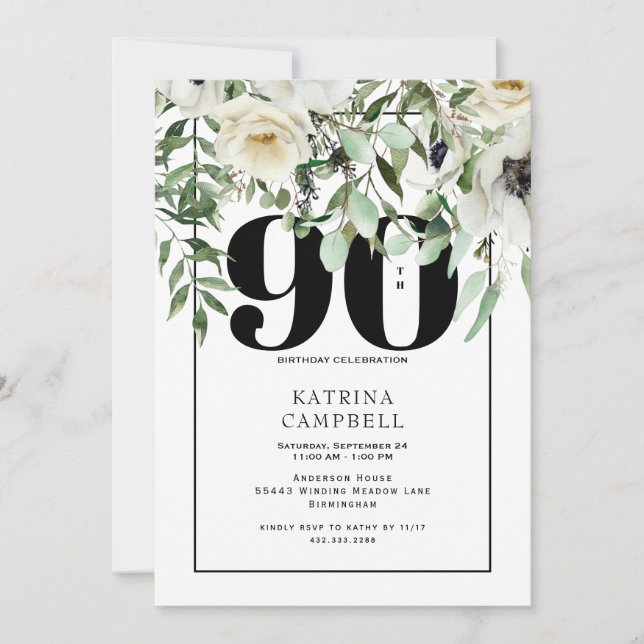 White Floral 90e anniversaire de fête Invitation (Devant)