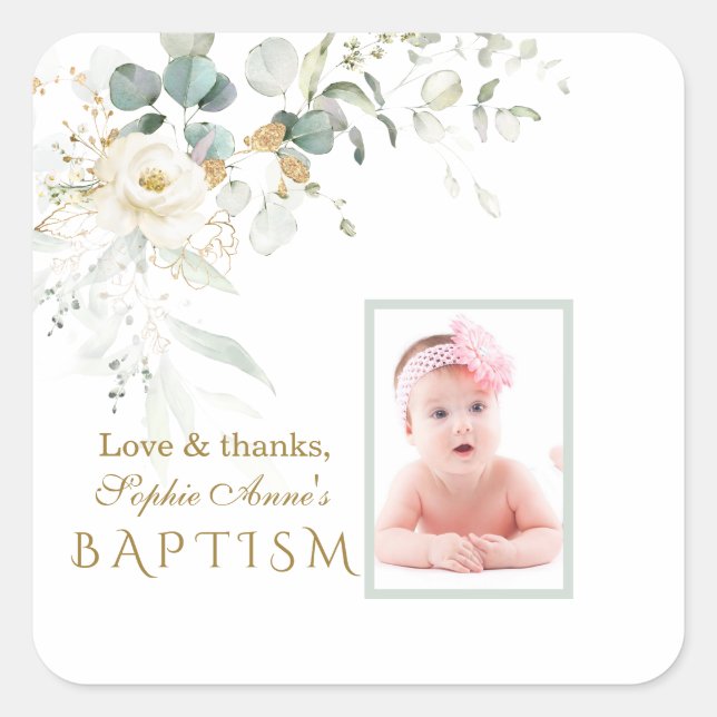  White Floral Airy Greenery Girl Photo Baptism Fav Square Sticker (Front)