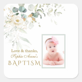 White Floral Airy Greenery Girl Photo Baptism Fav Square Sticker