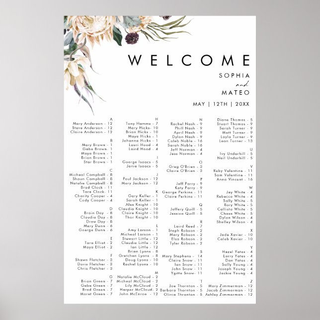 White Floral Alphabetical Seating Chart (Front)