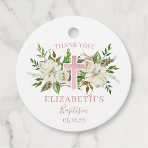White Floral and Blush Foil Thank You Baptism  Favour Tags