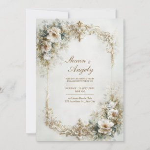 White Floral And Gold Baroque Scroll Wedding Invitation