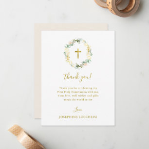 White Floral and Gold First Holy Communion Custom Card
