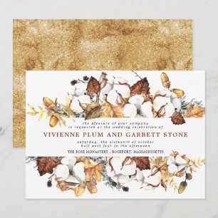White Floral and Gold Leaves Fall Wedding Invitation