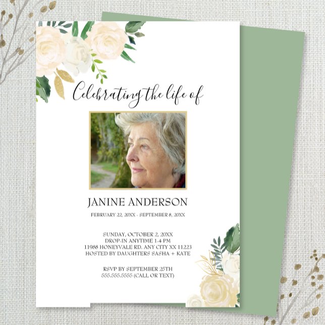 White Floral and gold Life celebration photo Invitation (Creator Uploaded)