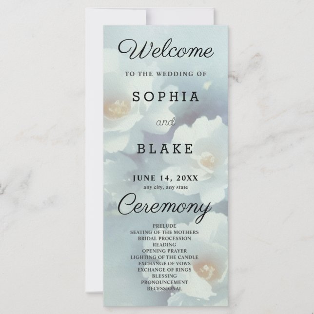 White Floral and Light Blue Wedding Program (Front)